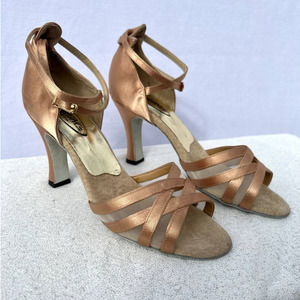 Metallic Blush Satin and Mesh Strappy Heels